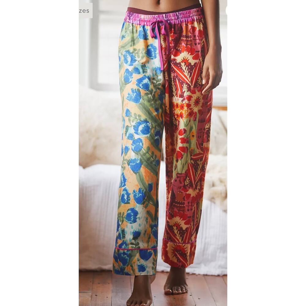 Anthropologie Roeqiya Fris Garden Bloom Flannel Pajama Pants XS Orange Blue